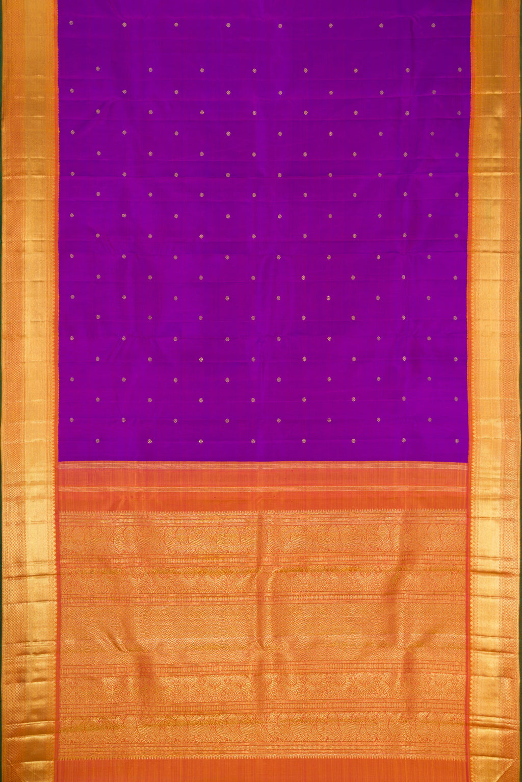Flat view of Pure Silk Pure Zari Purple Dual Tone Kanjivaram Saree with Zari Butta on the body and Zari Border. 