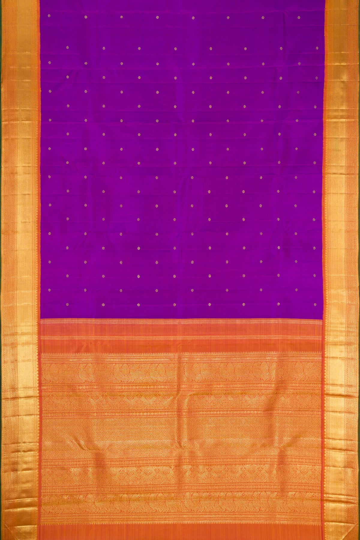 Flat view of Pure Silk Pure Zari Purple Dual Tone Kanjivaram Saree with Zari Butta on the body and Zari Border. 