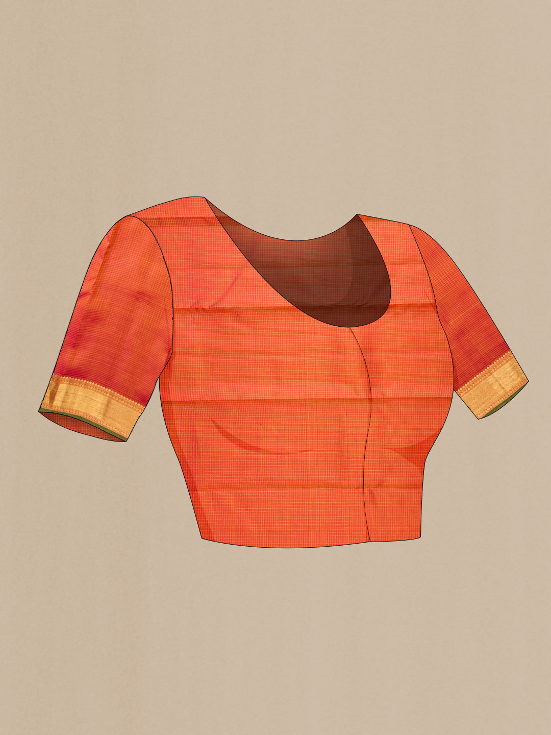 Close up image of the blouse of Pure Silk Pure Zari Pinkish Yellow Dual Tone Kanjivaram Saree with Checked design on the body and Zari Border. 