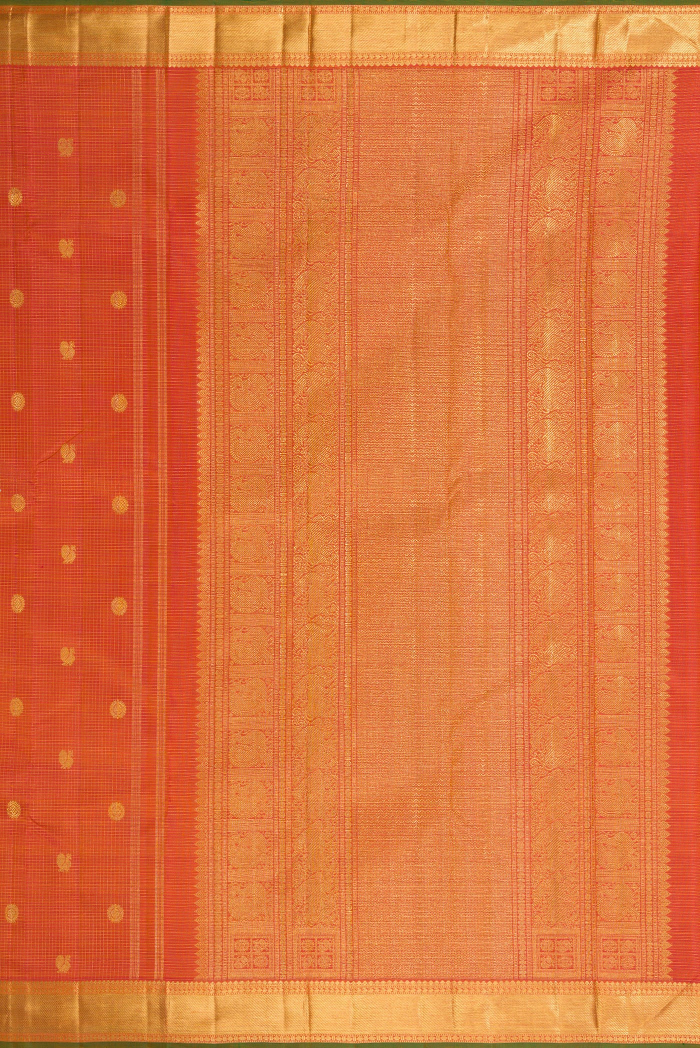 Close up image of the pallu of Pure Silk Pure Zari Pinkish Yellow Dual Tone Kanjivaram Saree with Checked design on the body and Zari Border. 