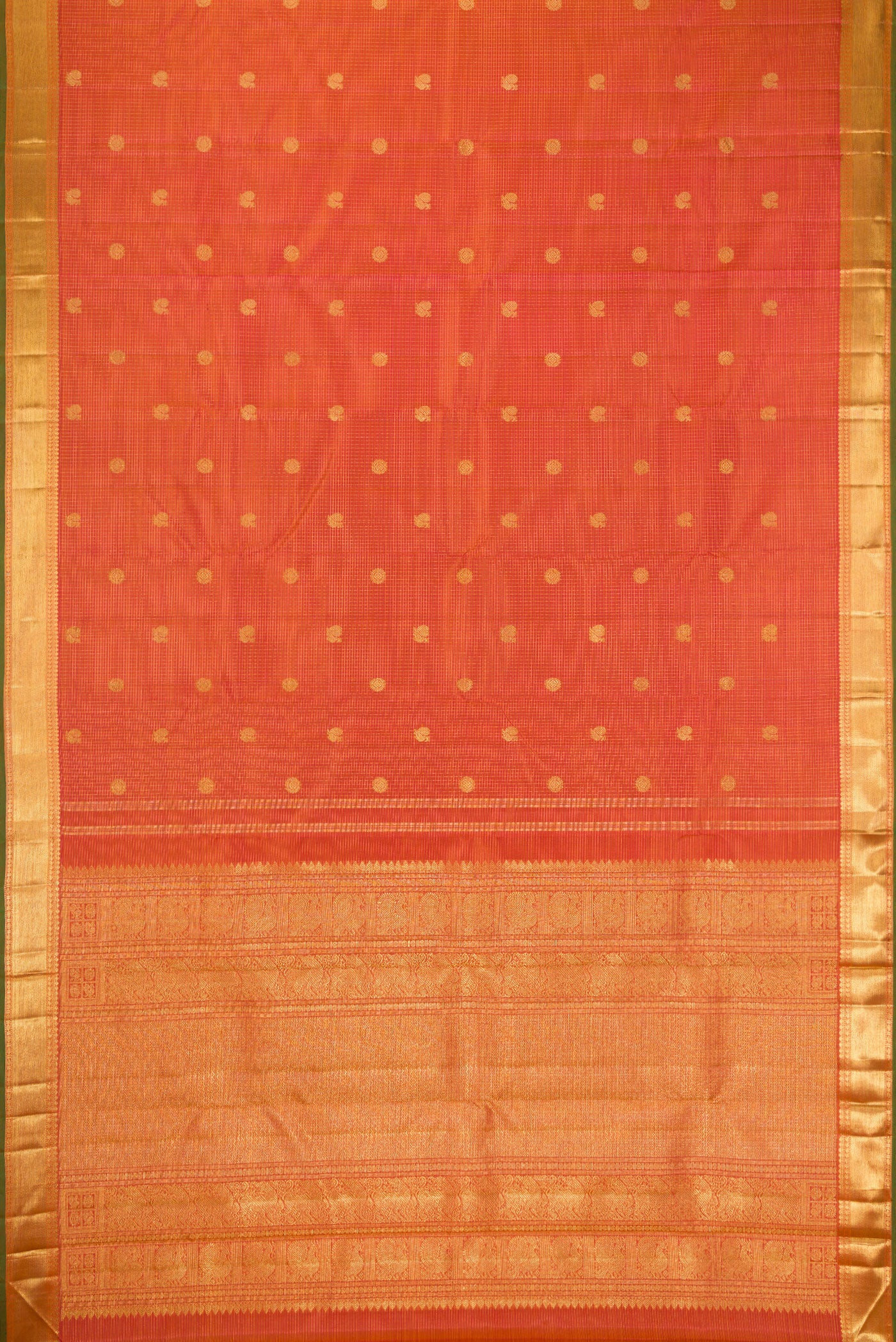 Flat view of Pure Silk Pure Zari Pinkish Yellow Dual Tone Kanjivaram Saree with Checked design on the body and Zari Border. 