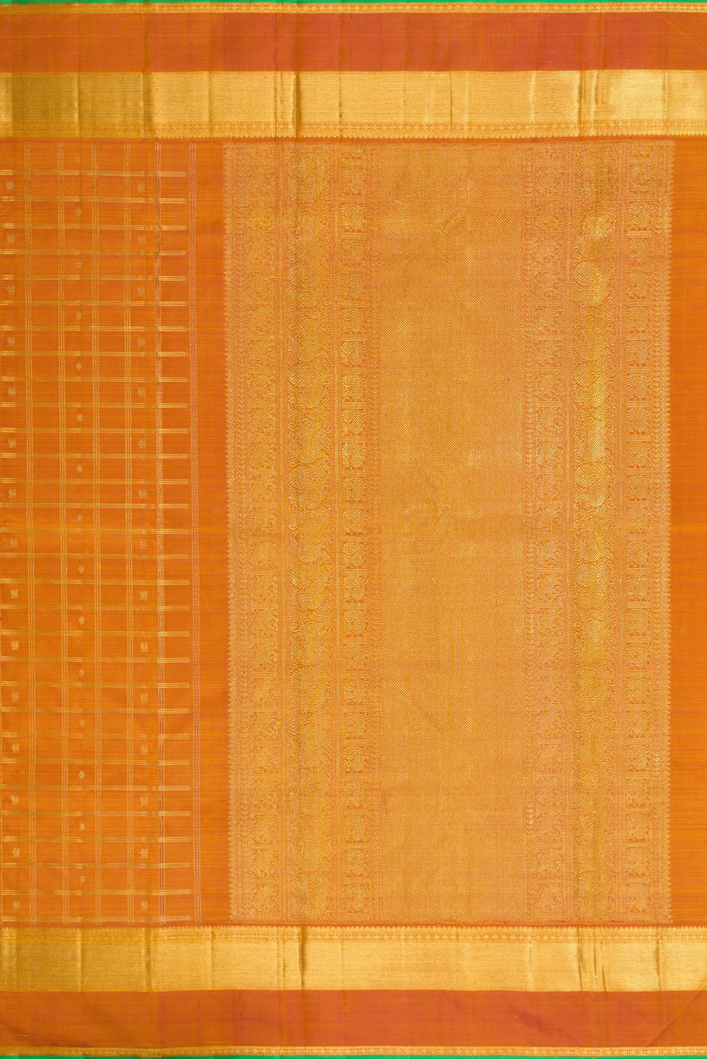 Close up image of the pallu of Pure Silk Pure Zari Mustard Dual Tone Kanjivaram Saree with Checked design on the body and Zari Border. 