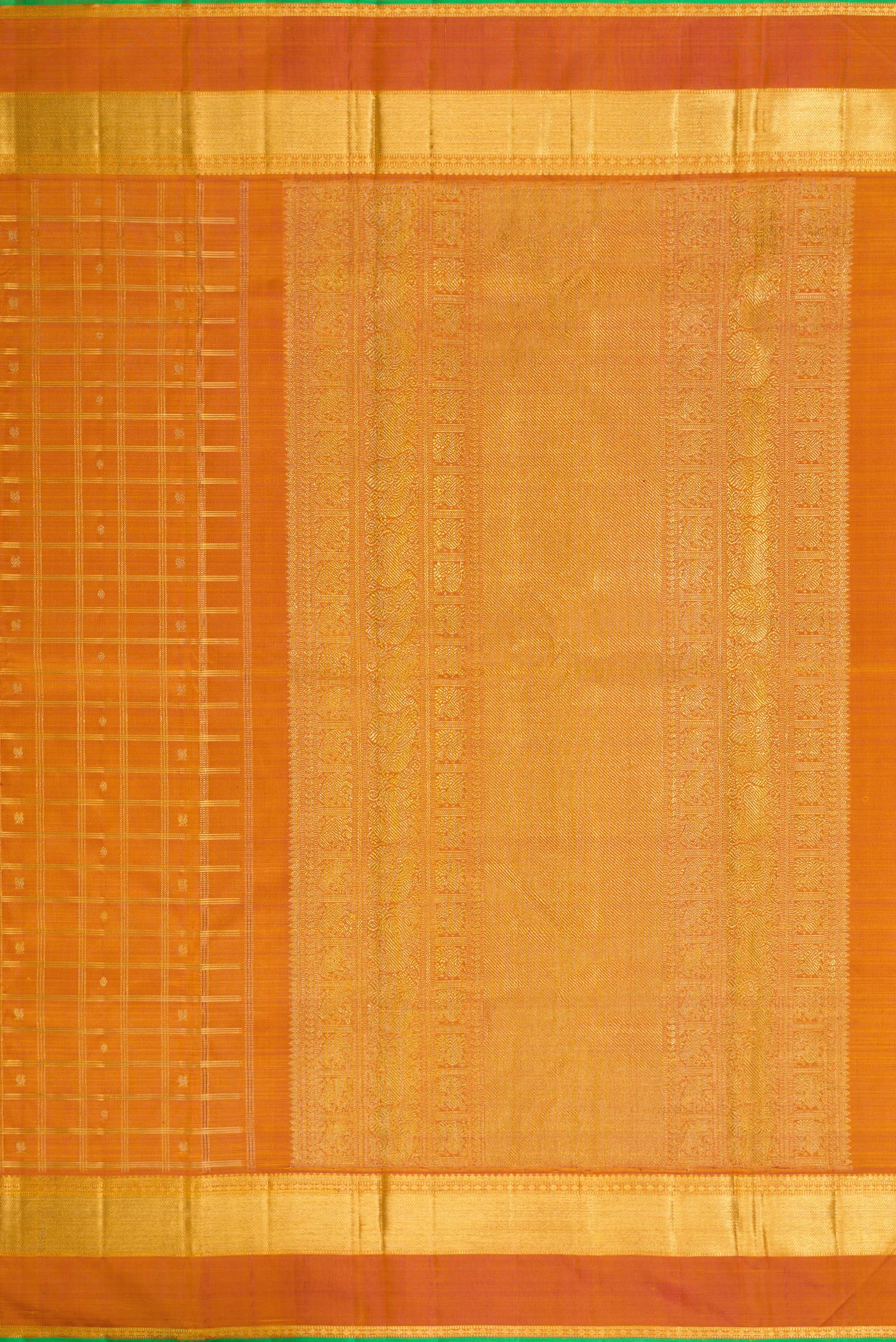 Close up image of the pallu of Pure Silk Pure Zari Mustard Dual Tone Kanjivaram Saree with Checked design on the body and Zari Border. 