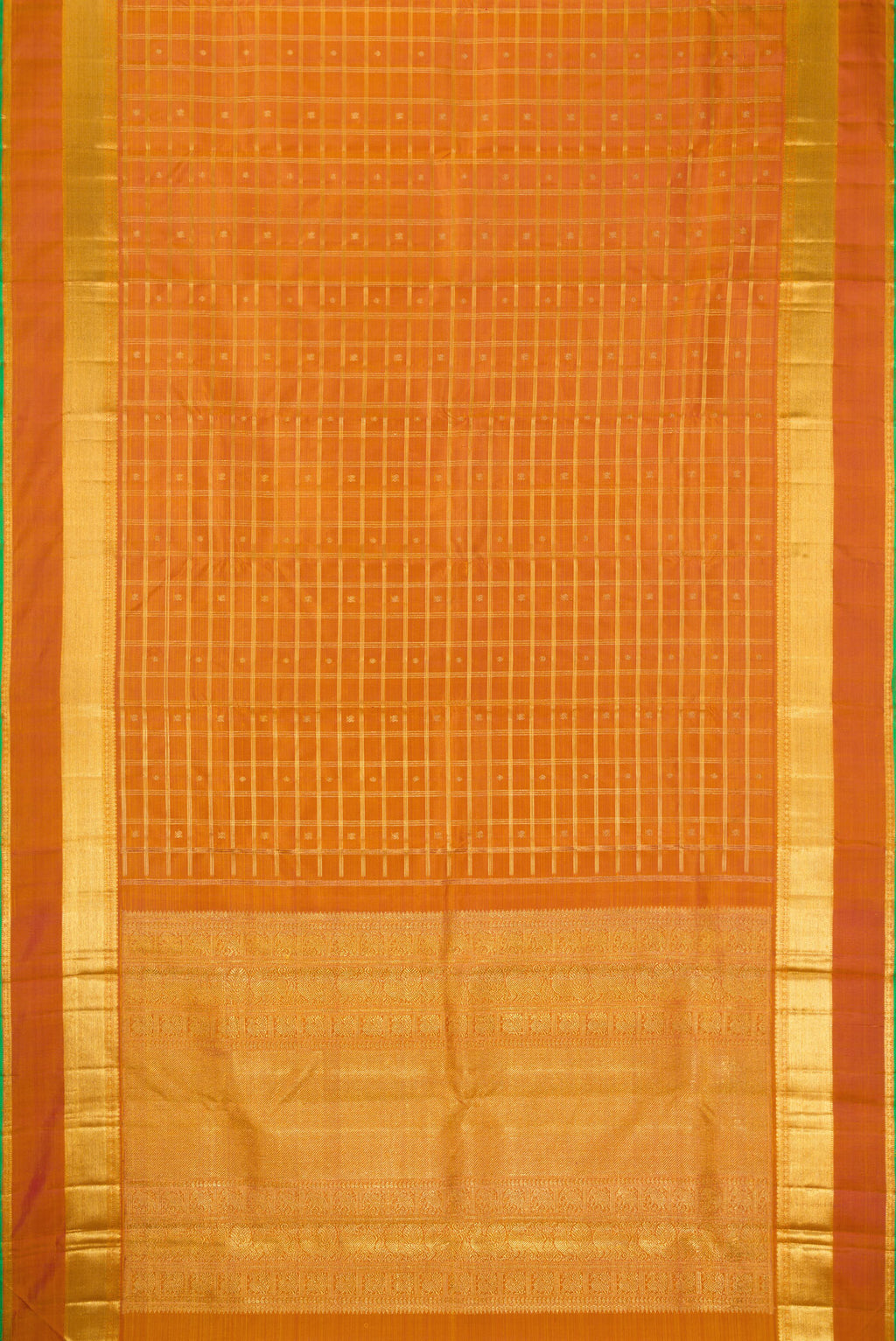 Flat view of Pure Silk Pure Zari Mustard Dual Tone Kanjivaram Saree with Checked design on the body and Zari Border. 