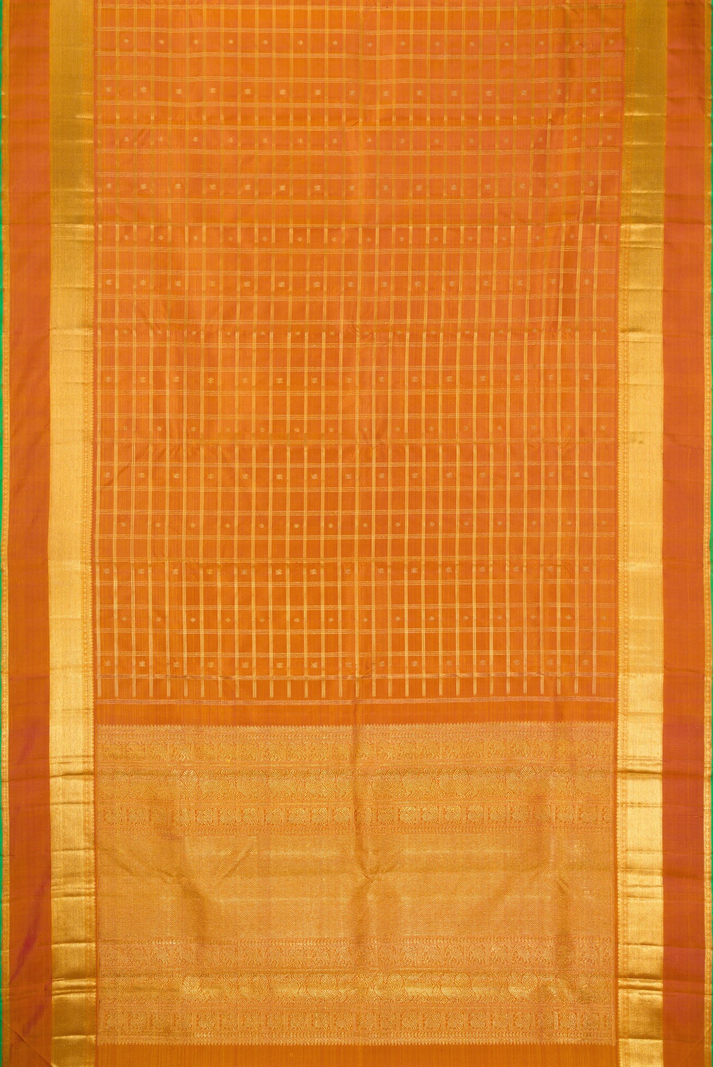 Flat view of Pure Silk Pure Zari Mustard Dual Tone Kanjivaram Saree with Checked design on the body and Zari Border. 