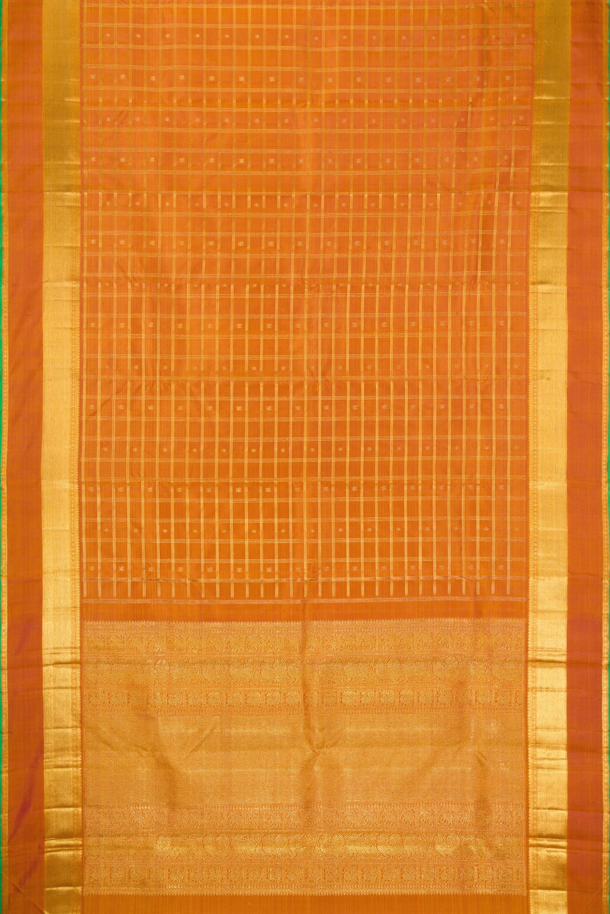 Flat view of Pure Silk Pure Zari Mustard Dual Tone Kanjivaram Saree with Checked design on the body and Zari Border. 