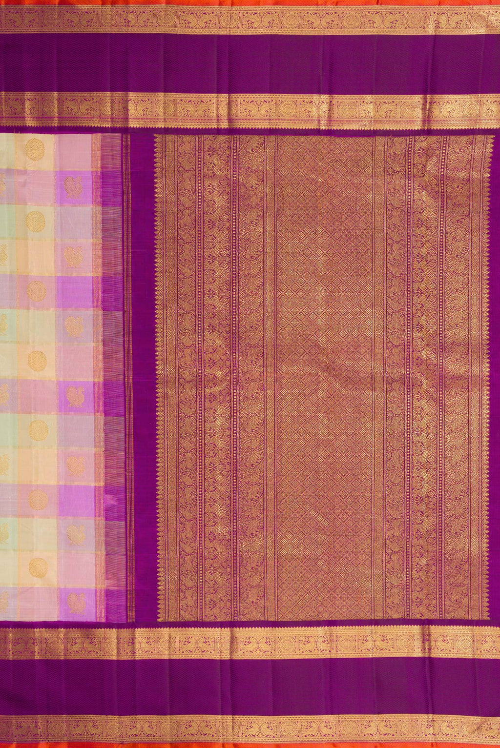 Close up image of the pallu of Pure Silk Pure Zari Multi Color Kanjivaram Saree with Checked design on the body and Zari Border. 