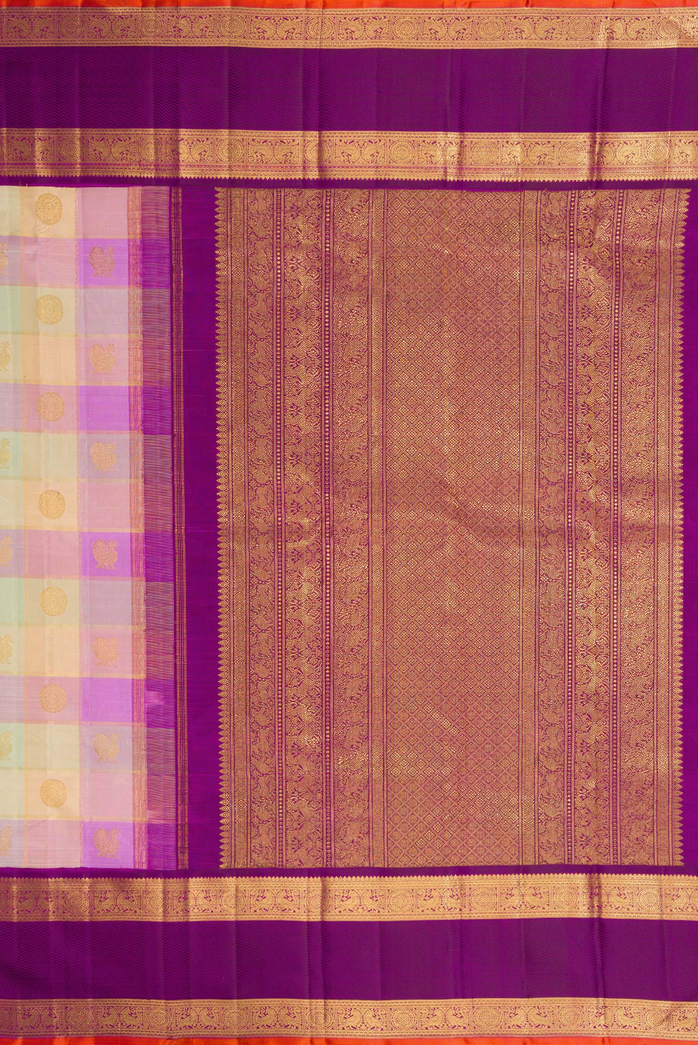 Close up image of the pallu of Pure Silk Pure Zari Multi Color Kanjivaram Saree with Checked design on the body and Zari Border. 