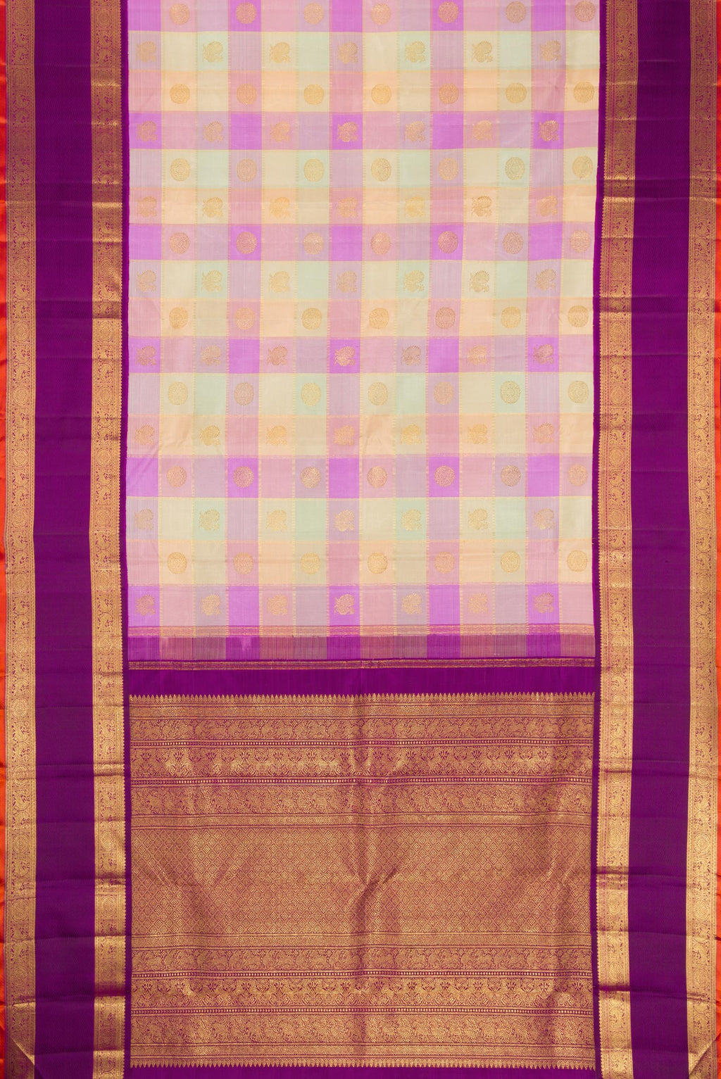 Flat view of Pure Silk Pure Zari Multi Color Kanjivaram Saree with Checked design on the body and Zari Border. 
