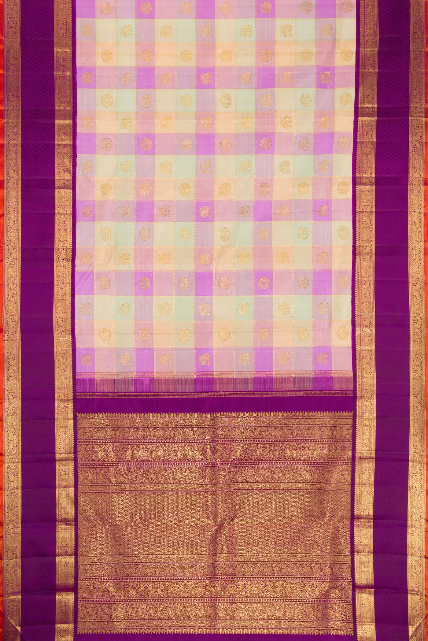 Flat view of Pure Silk Pure Zari Multi Color Kanjivaram Saree with Checked design on the body and Zari Border. 