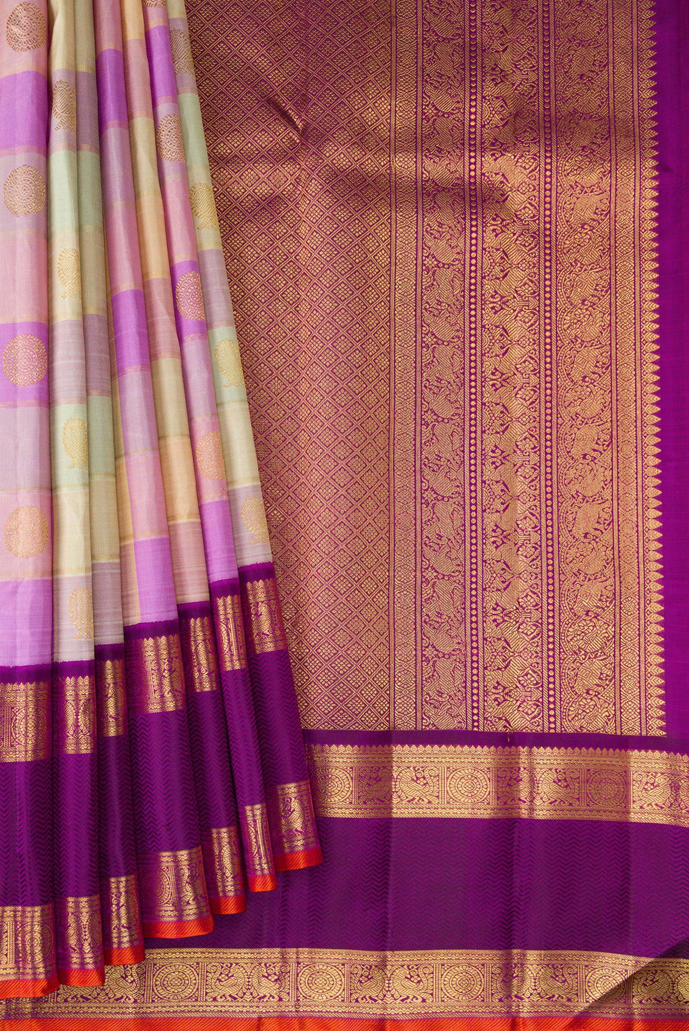 Pleats and pallu of Pure Silk Pure Zari Multi Color Kanjivaram Saree with Checked design on the body and Zari Border. 