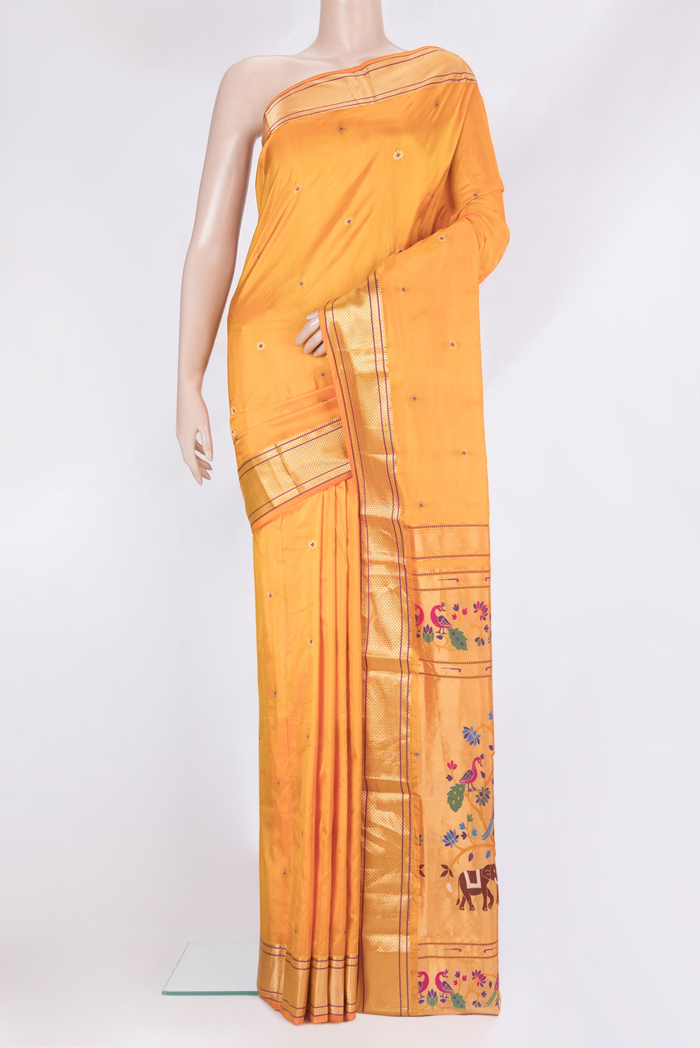 Yellow Dual Tone Paithani Silk Saree with Zari Butta on the body and Zari Border.  displayed on a mannequin