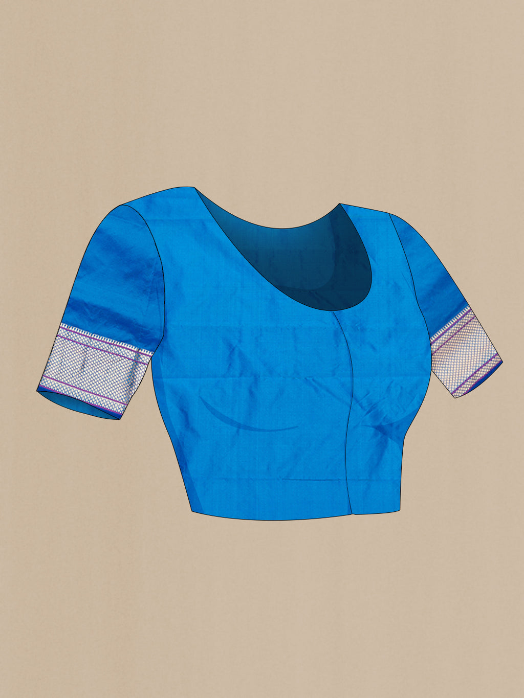Close up image of the blouse of Peacock Blue Blended Paithani Silk Saree with Zari And Thread Butta on the body and Zari Border. 