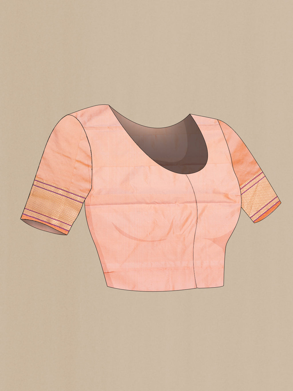 Close up image of the blouse of Peach Dual Tone Blended Paithani Silk Saree with Zari Butta on the body and Zari Border. 