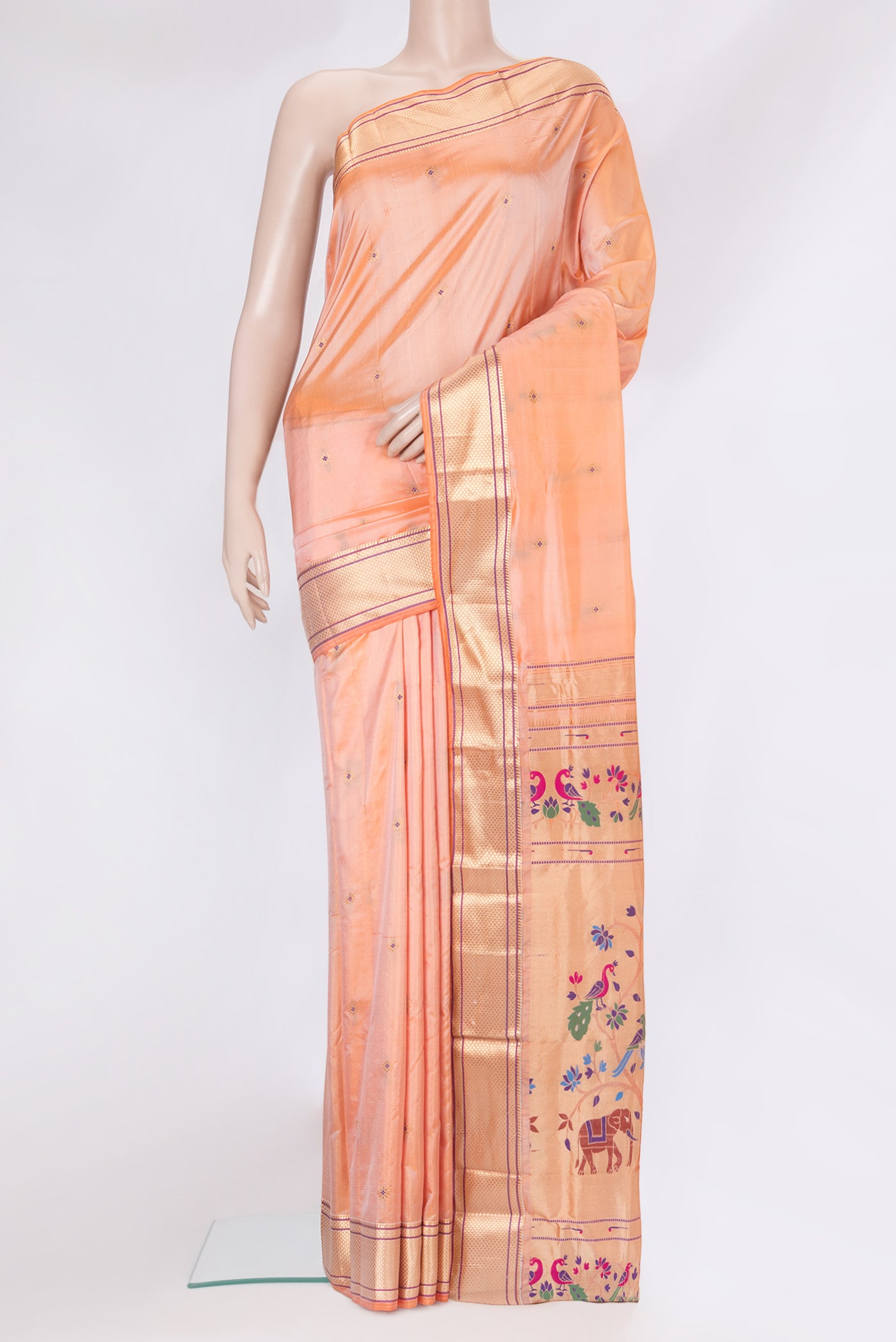 Peach Dual Tone Blended Paithani Silk Saree with Zari Butta on the body and Zari Border.  displayed on a mannequin