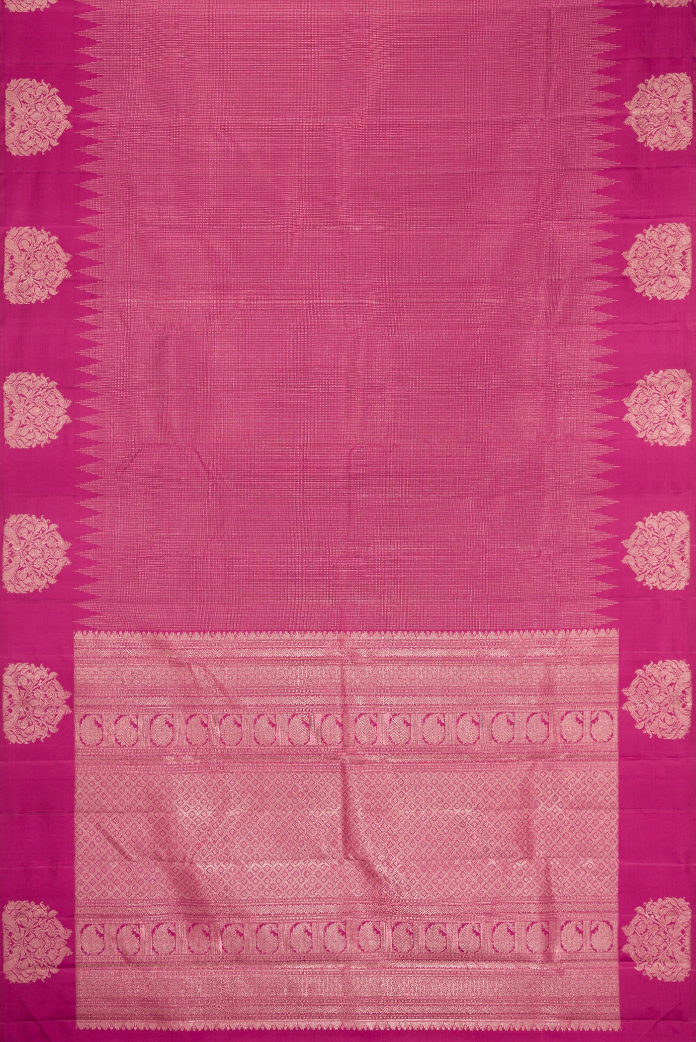 Flat view of Light Magenta Kanjivaram Silk Saree with Stripes on the body and Fancy Border. 