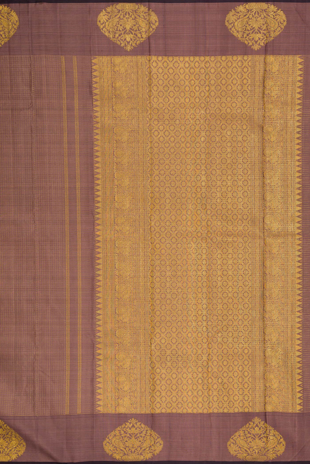 Close up image of the pallu of Brown Dual Tone Kanjivaram Silk Saree with Checked design on the body and Zari Border. 