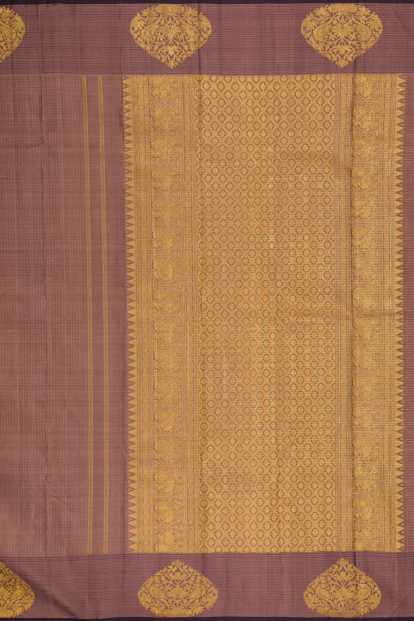 Close up image of the pallu of Brown Dual Tone Kanjivaram Silk Saree with Checked design on the body and Zari Border. 