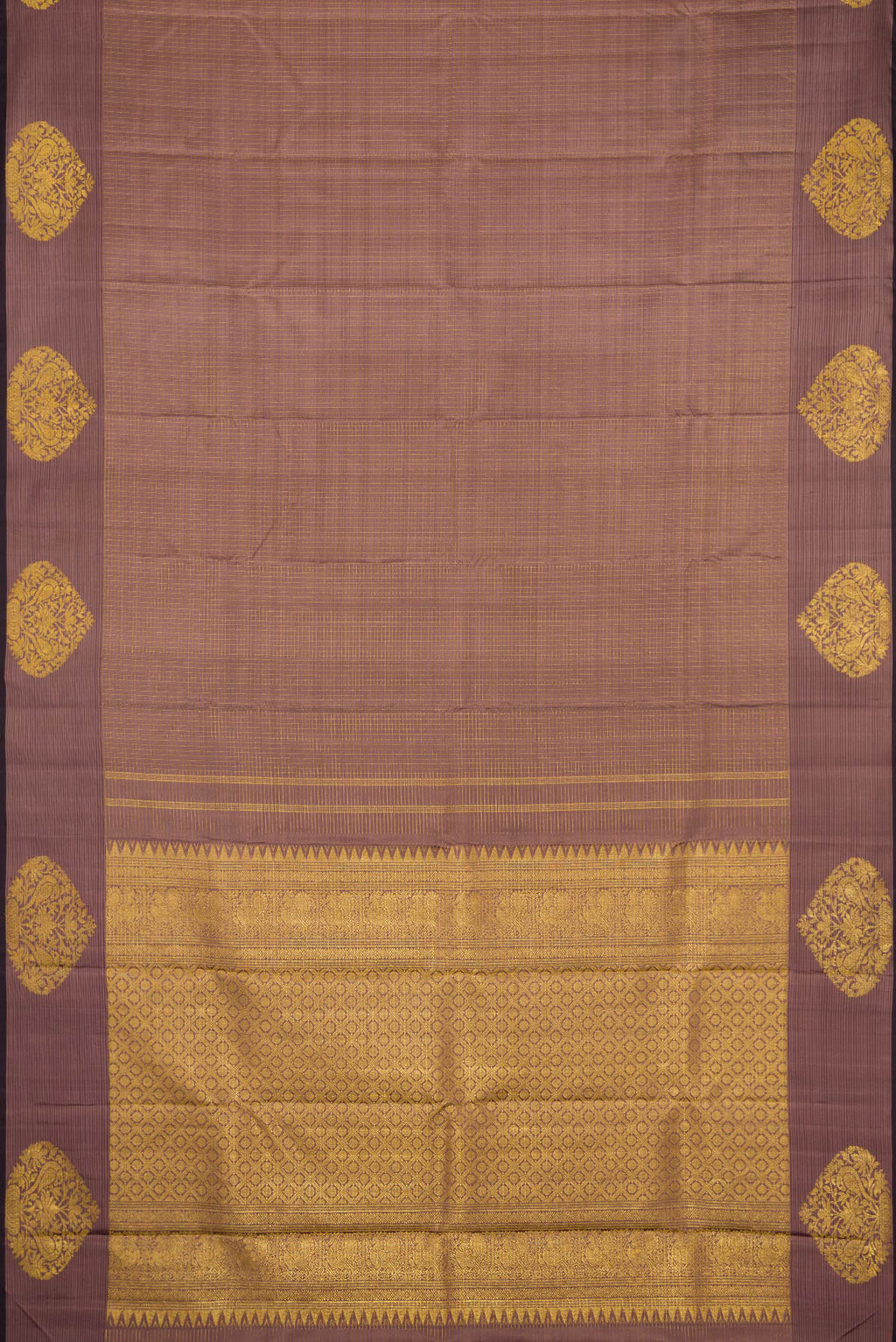 Flat view of Brown Dual Tone Kanjivaram Silk Saree with Checked design on the body and Zari Border. 