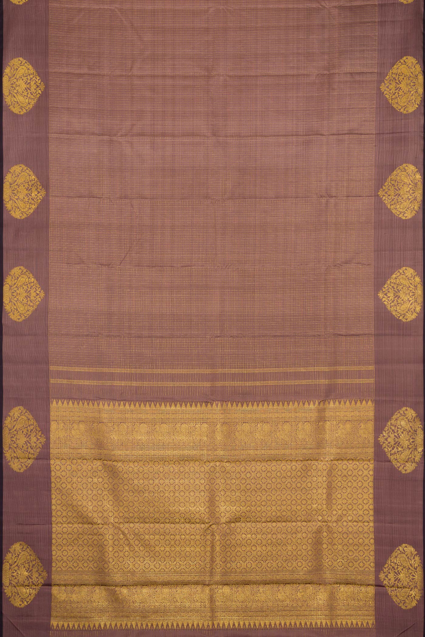 Flat view of Brown Dual Tone Kanjivaram Silk Saree with Checked design on the body and Zari Border. 