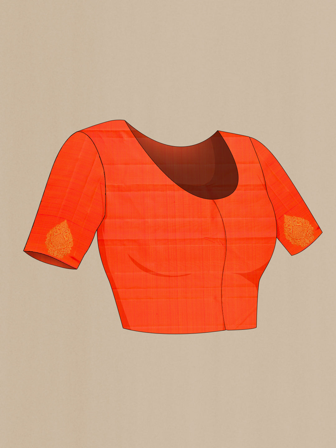 Close up image of the blouse of Orange Kanjivaram Silk Saree with Stripes on the body and Fancy Border. 