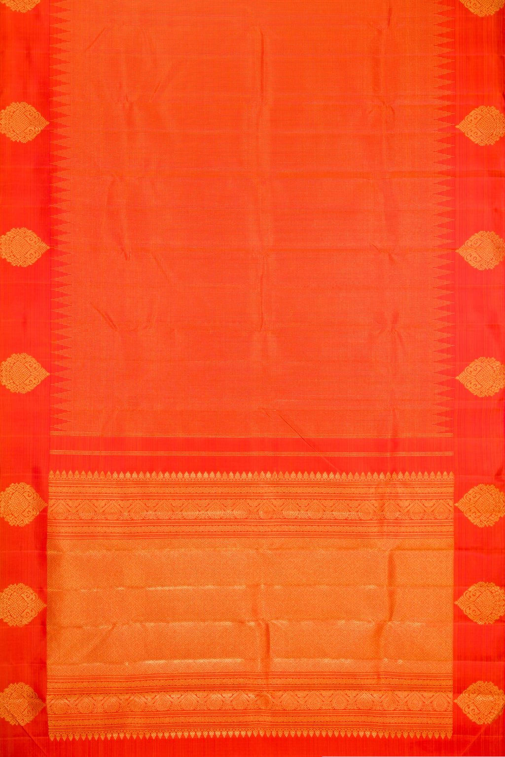 Flat view of Orange Kanjivaram Silk Saree with Stripes on the body and Fancy Border. 