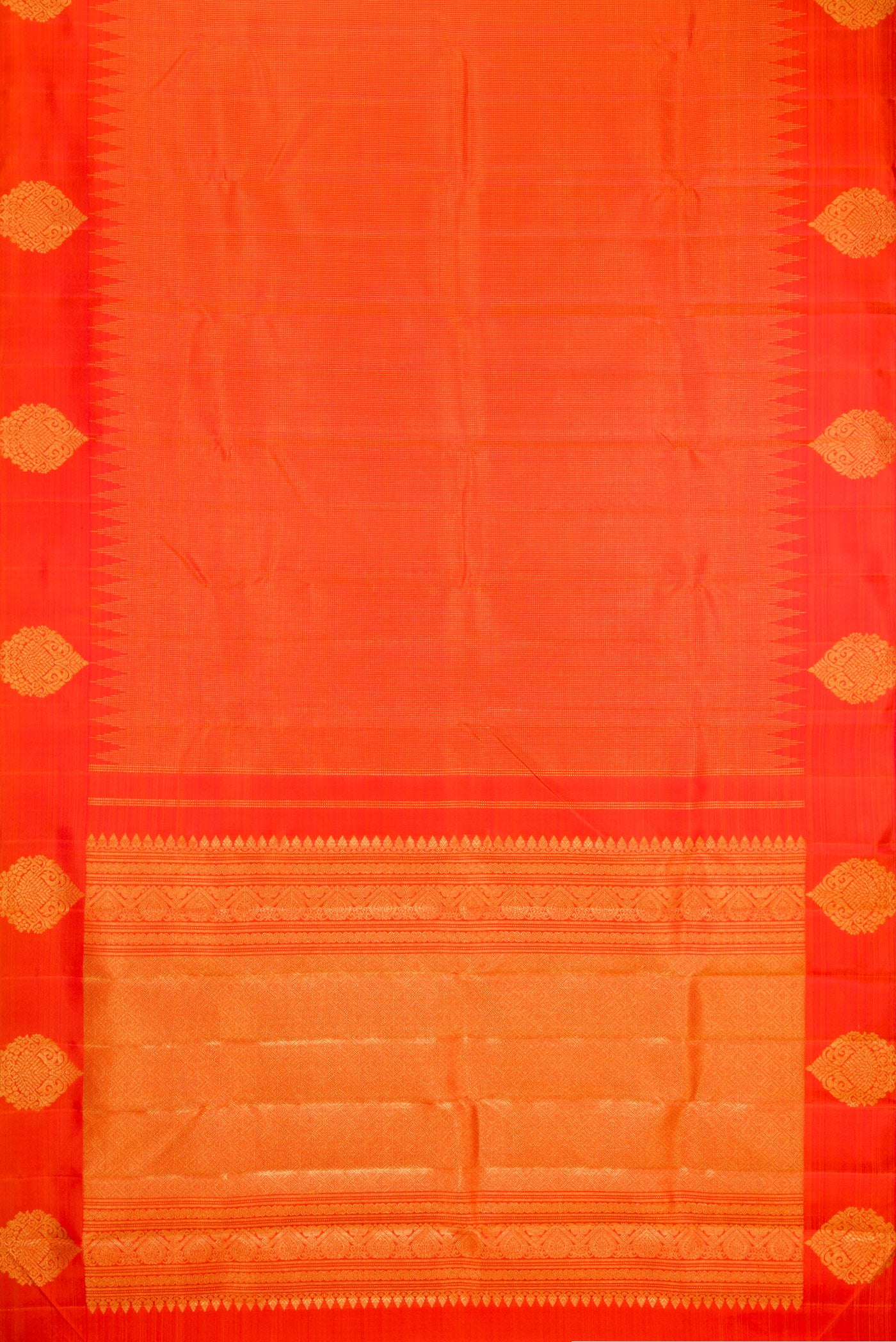 Flat view of Orange Kanjivaram Silk Saree with Stripes on the body and Fancy Border. 