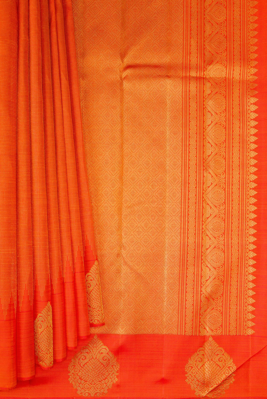 Pleats and pallu of Orange Kanjivaram Silk Saree with Stripes on the body and Fancy Border. 