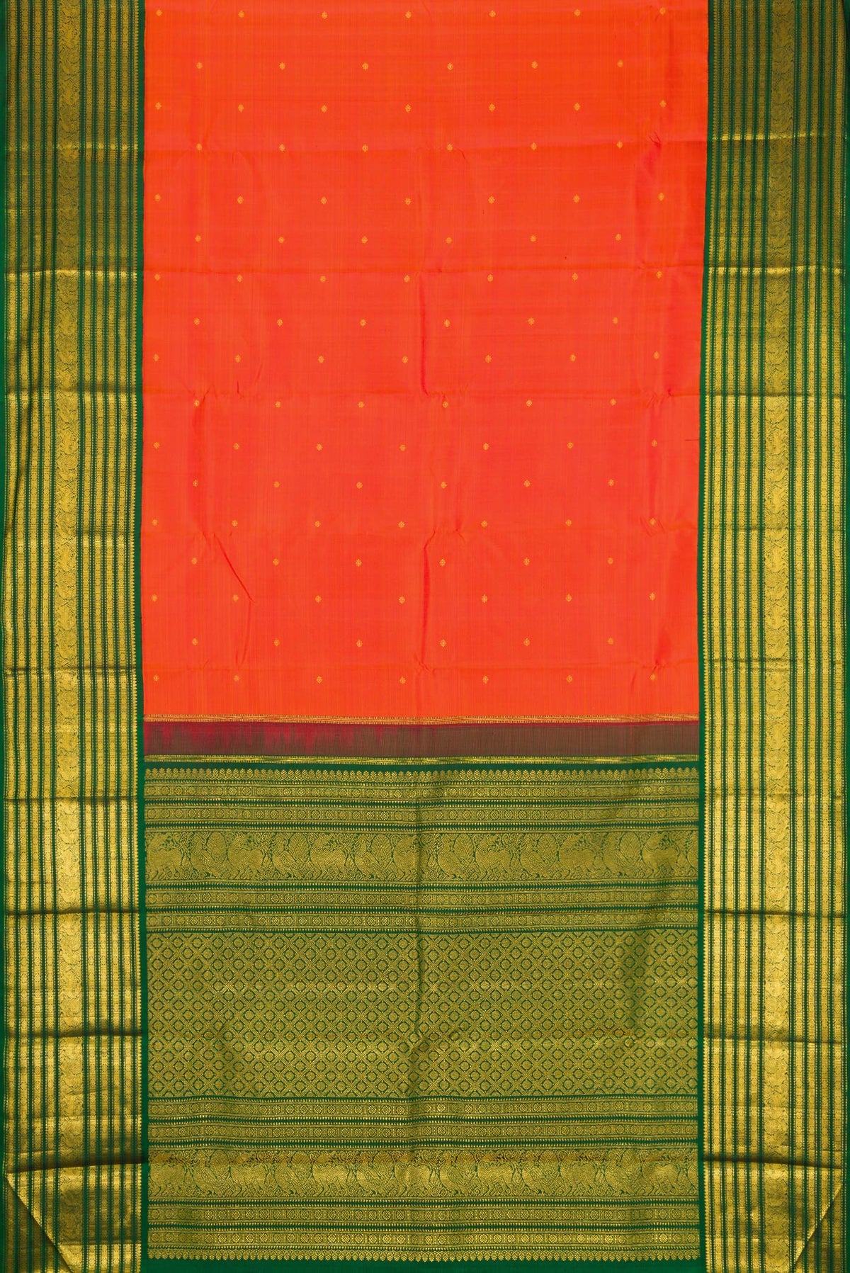 Flat view of Orange Dual Tone Kanchipuram Silk Saree with Zari Butta on the body and Zari Border. 