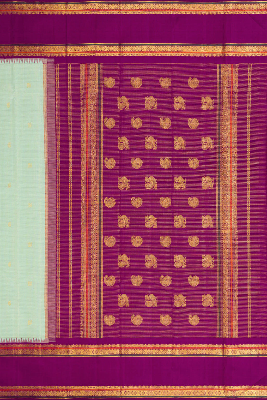 Close up image of the pallu of Mint Green Kanchipuram Silk Saree with Checked design on the body and Zari Border. 