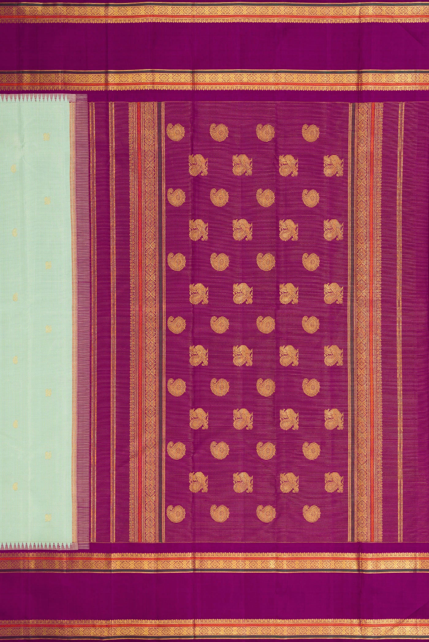 Close up image of the pallu of Mint Green Kanchipuram Silk Saree with Checked design on the body and Zari Border. 
