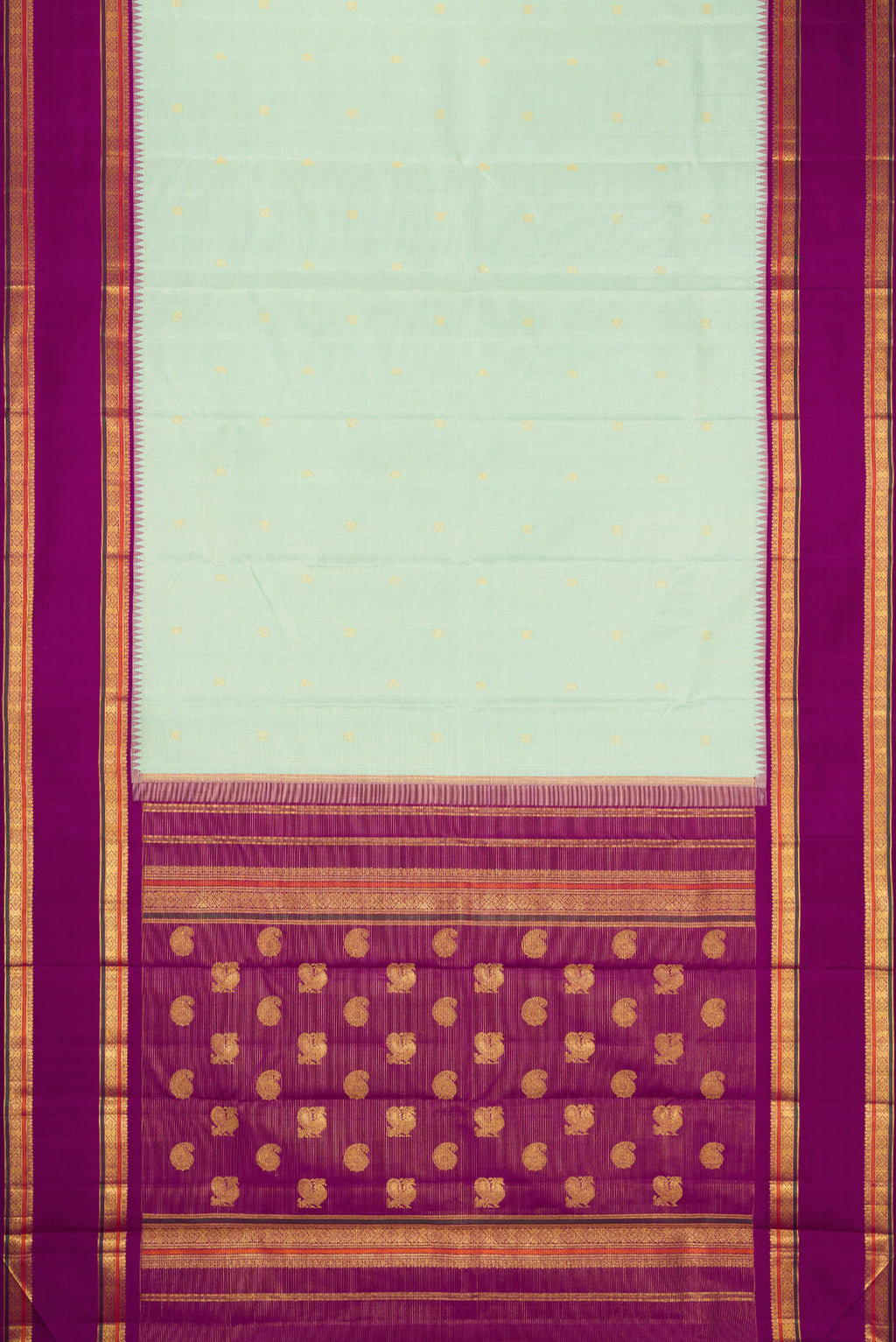Flat view of Mint Green Kanchipuram Silk Saree with Checked design on the body and Zari Border. 