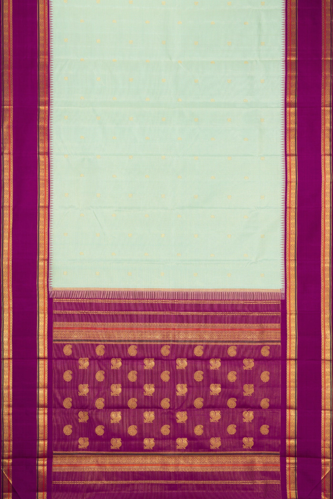 Flat view of Mint Green Kanchipuram Silk Saree with Checked design on the body and Zari Border. 