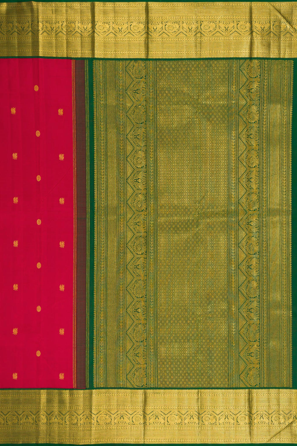 Close up image of the pallu of Red Kanchipuram Silk Saree with Zari Butta on the body and Zari Border. 