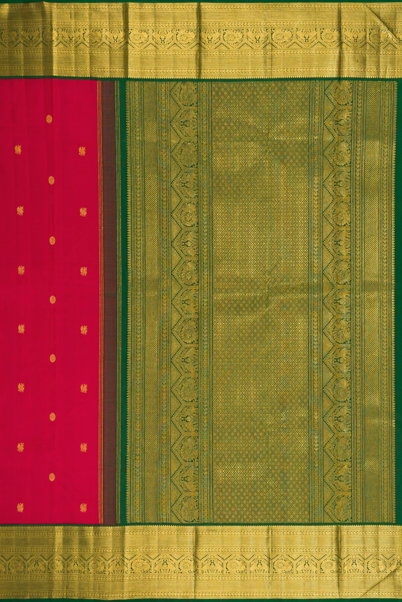 Close up image of the pallu of Red Kanchipuram Silk Saree with Zari Butta on the body and Zari Border. 