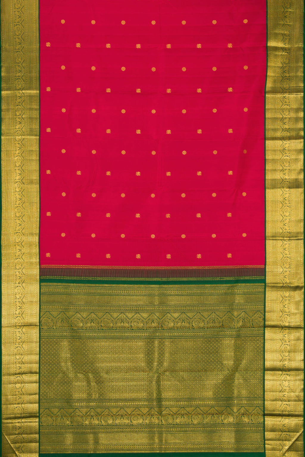 Flat view of Red Kanchipuram Silk Saree with Zari Butta on the body and Zari Border. 