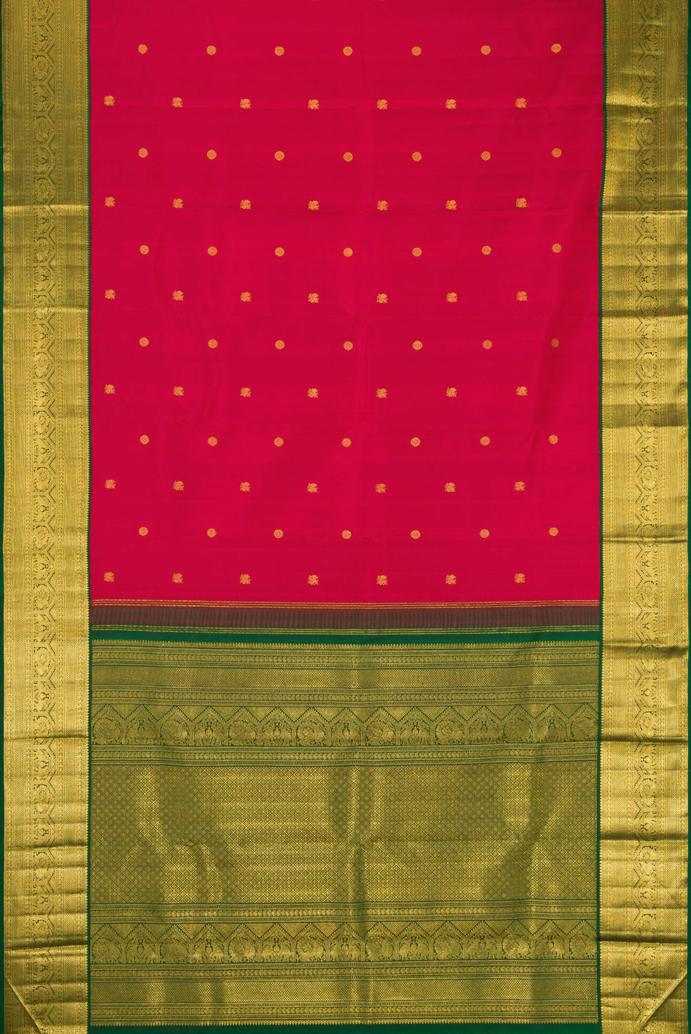 Flat view of Red Kanchipuram Silk Saree with Zari Butta on the body and Zari Border. 
