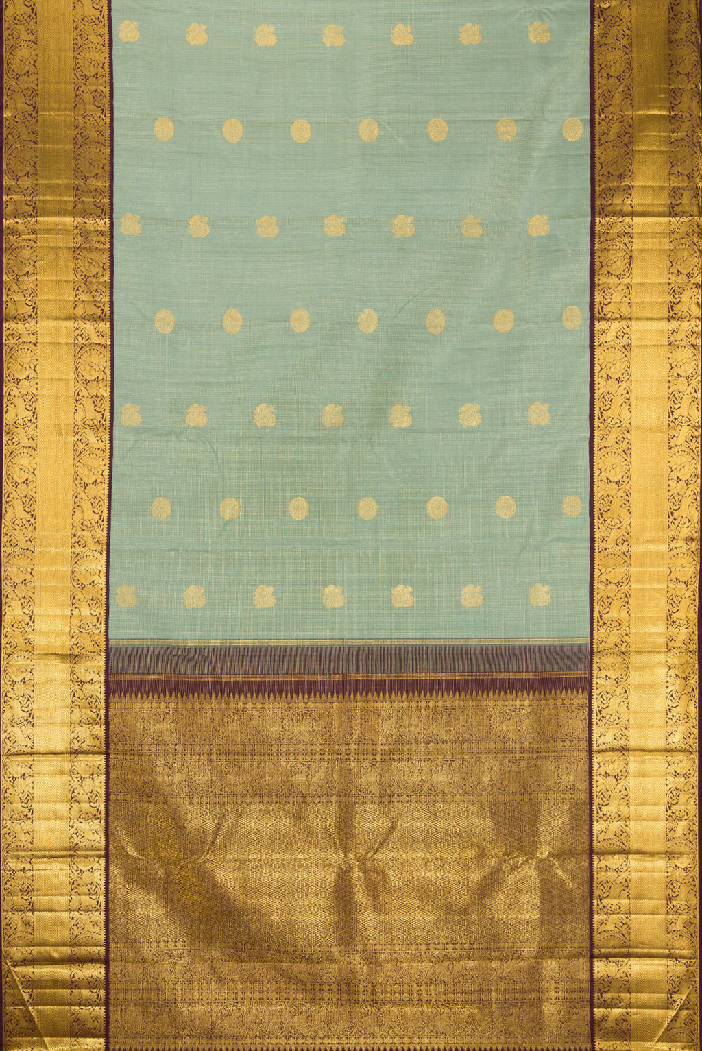 Flat view of Green Dual Tone Kanchipuram Silk Saree with Checked design on the body and Fancy Border. 