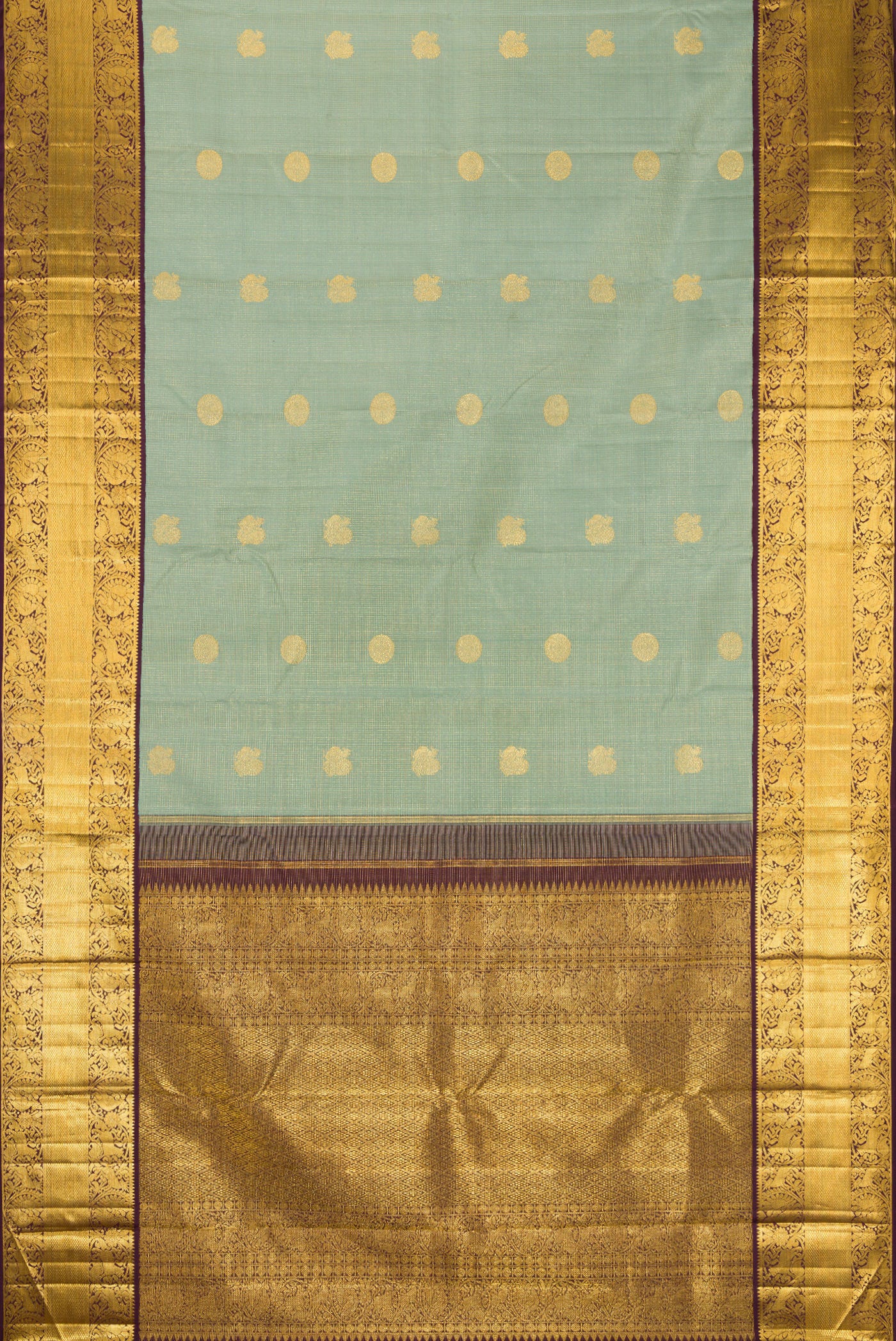 Flat view of Green Dual Tone Kanchipuram Silk Saree with Checked design on the body and Fancy Border. 