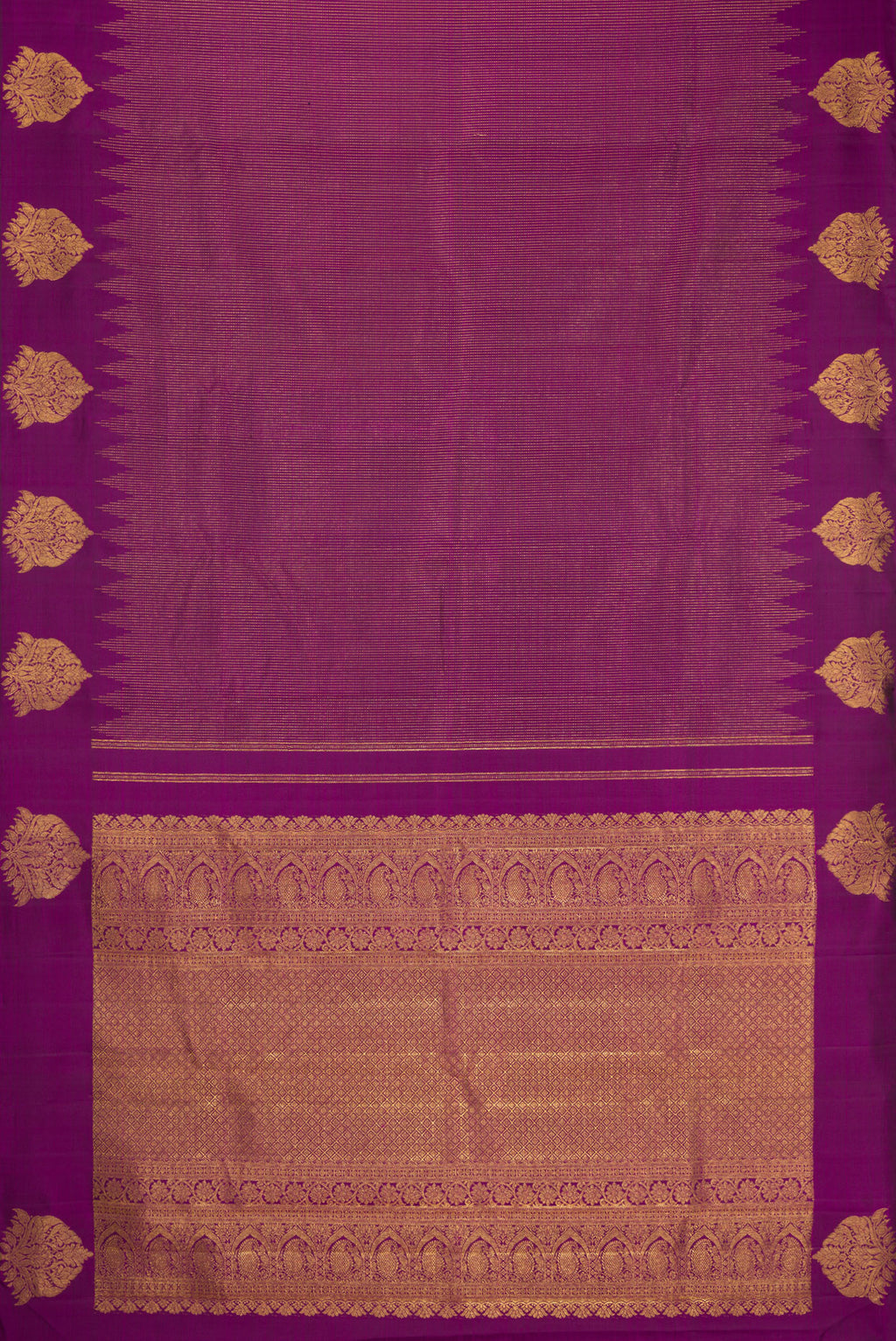 Flat view of Purple Kanjivaram Silk Saree with Stripes on the body and Fancy Border. 