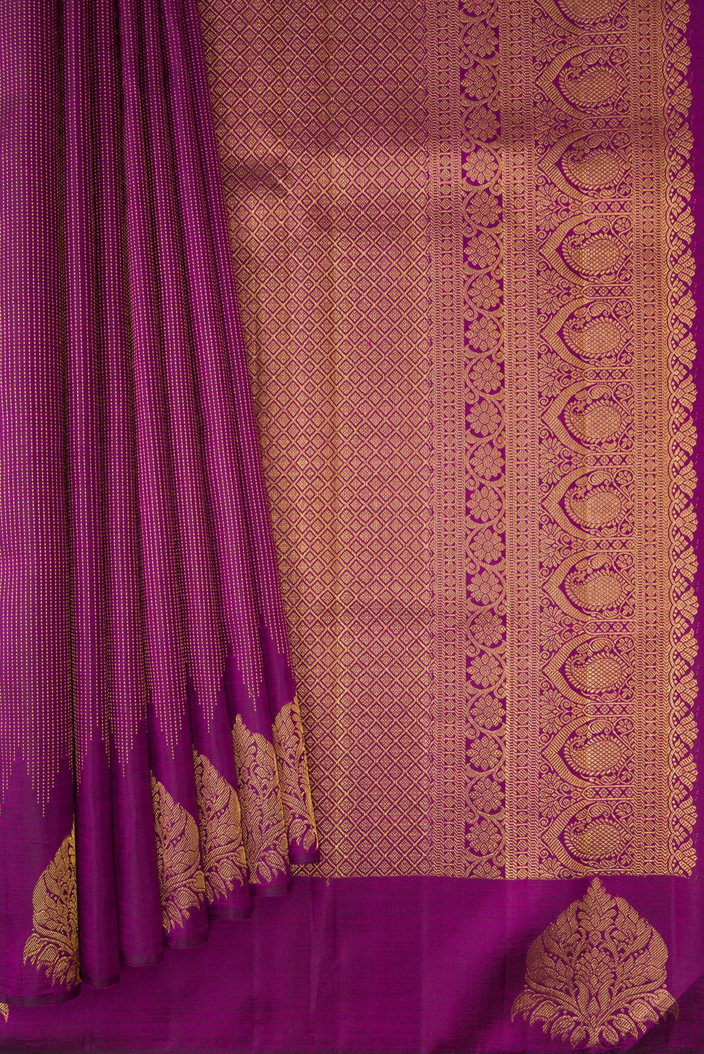 Pleats and pallu of Purple Kanjivaram Silk Saree with Stripes on the body and Fancy Border. 