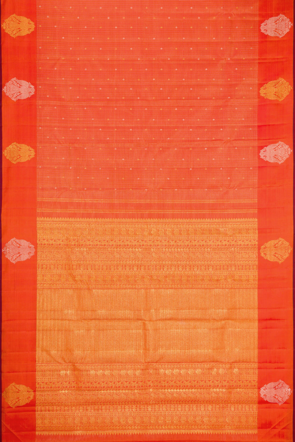 Flat view of Orange Kanjivaram Silk Saree with Checked design on the body and Fancy Border. 