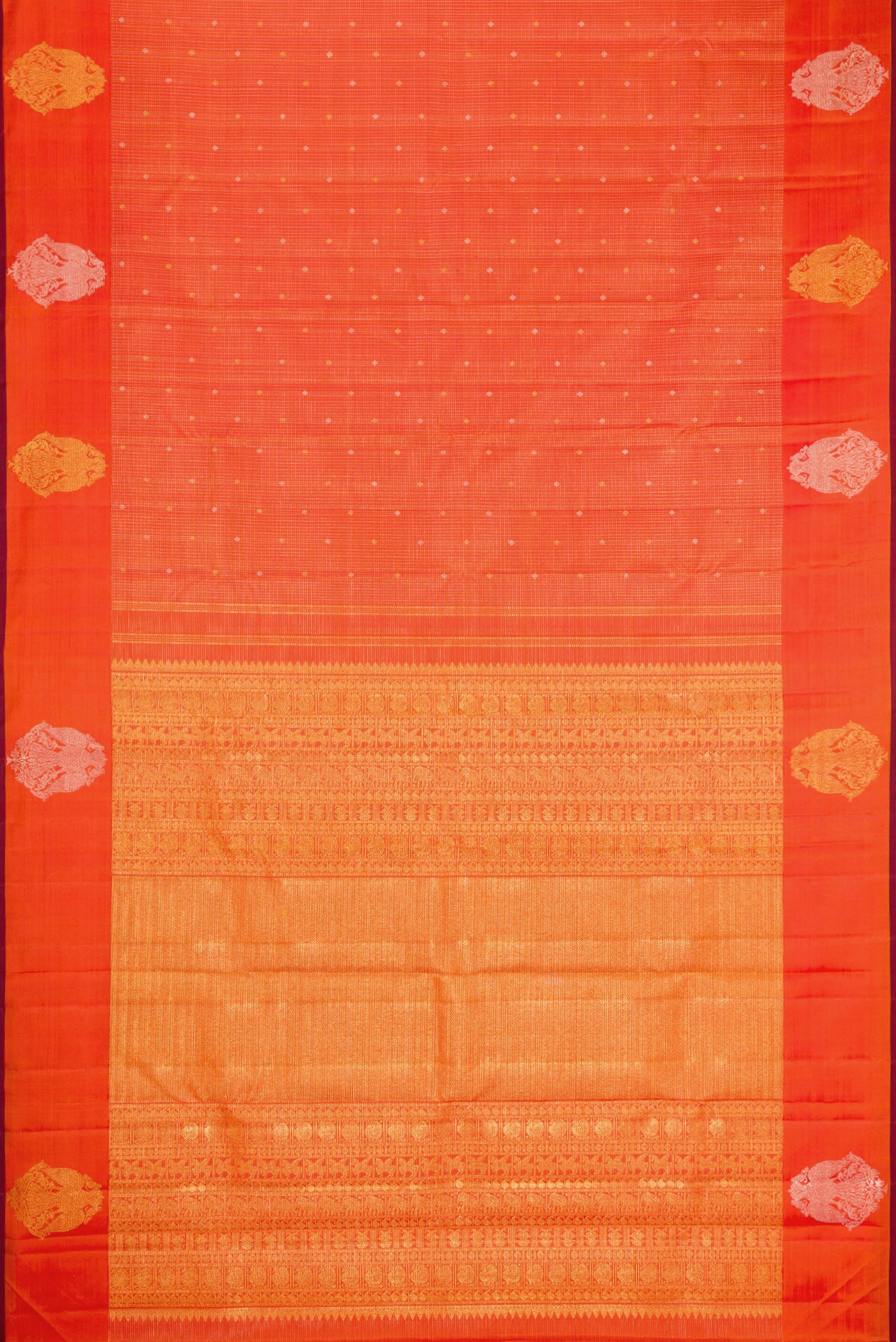 Flat view of Orange Kanjivaram Silk Saree with Checked design on the body and Fancy Border. 