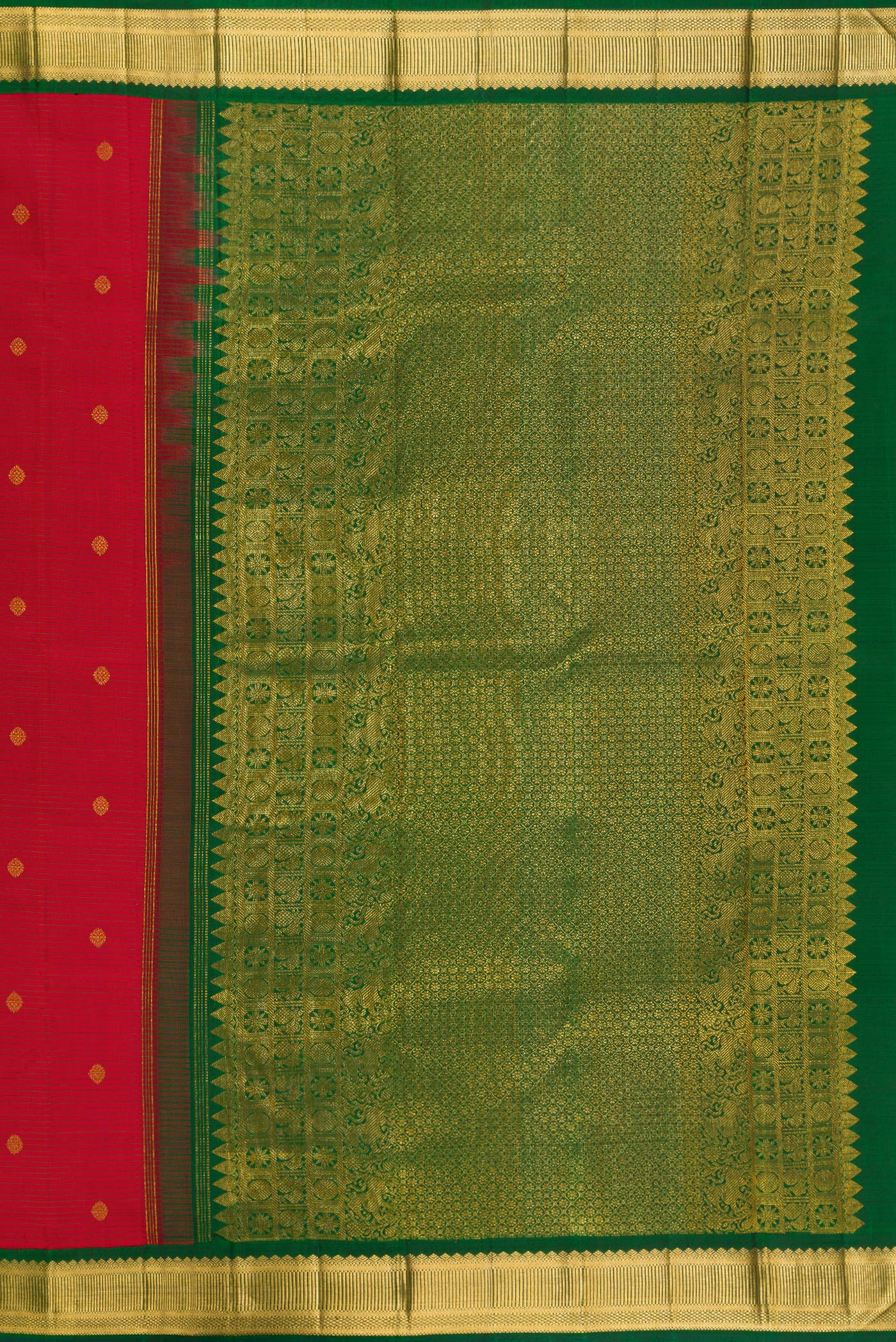 Close up image of the pallu of Maroon Kanjivaram Silk Saree with Stripes on the body and Zari Border. 