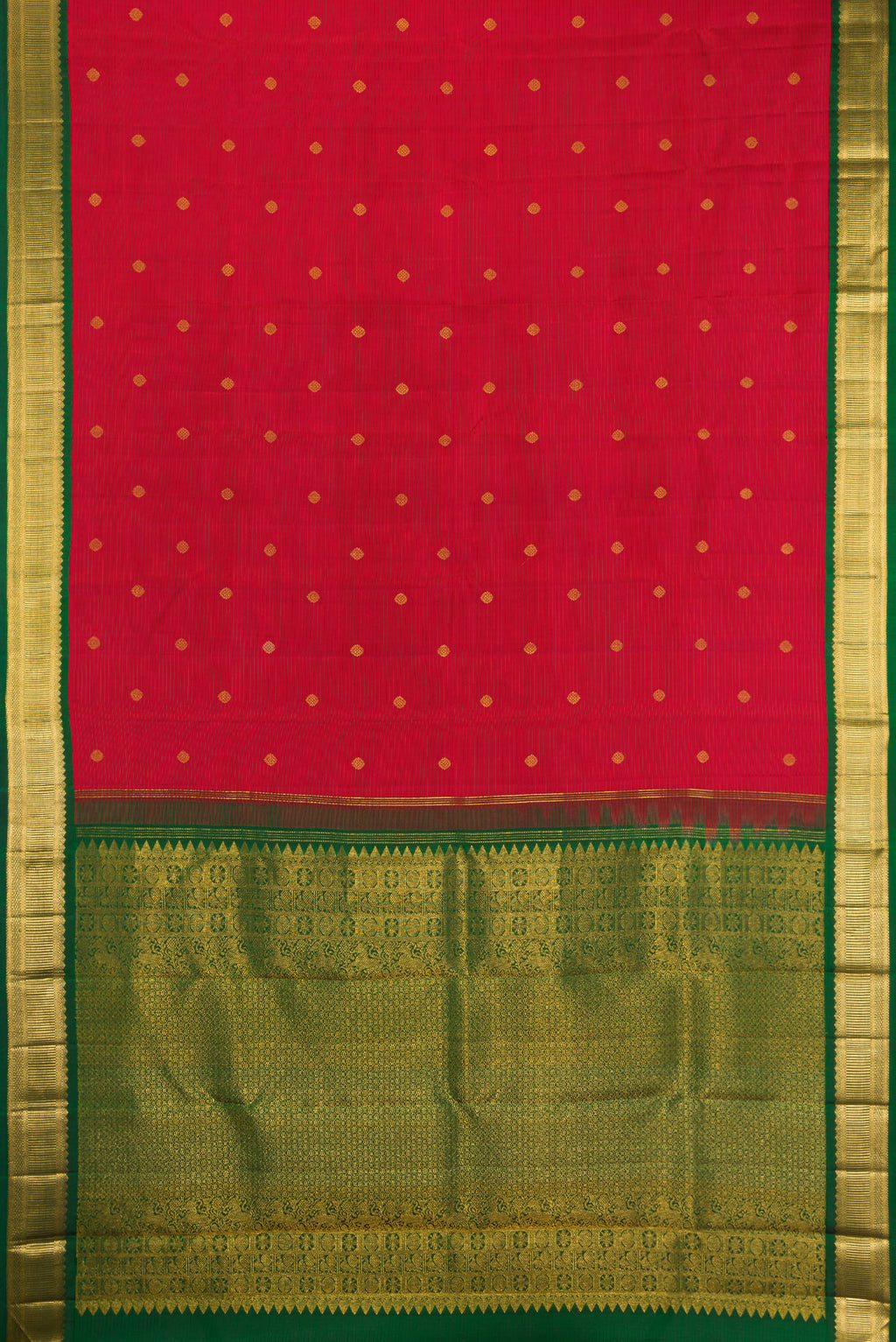 Flat view of Maroon Kanjivaram Silk Saree with Stripes on the body and Zari Border. 