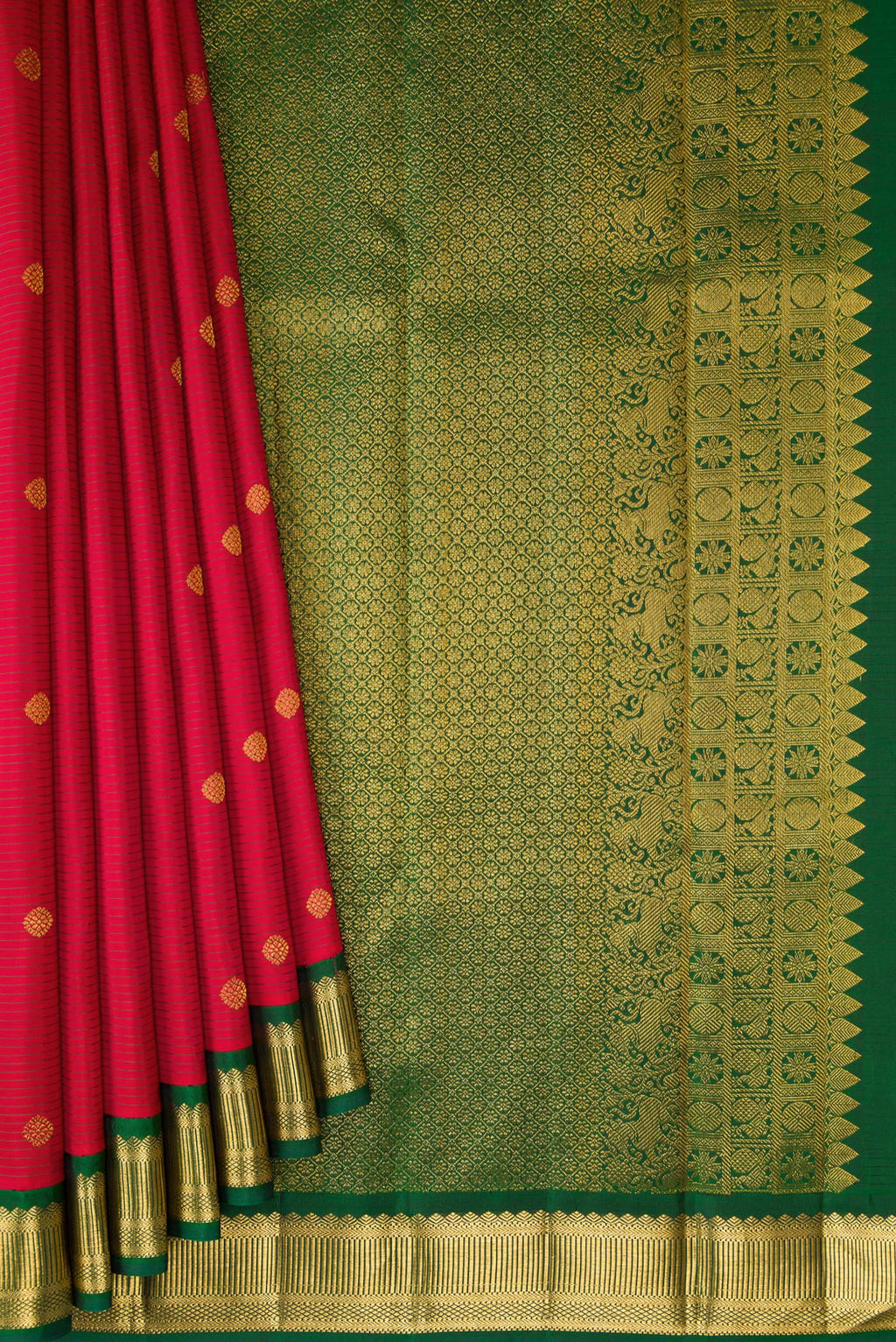 Pleats and pallu of Maroon Kanjivaram Silk Saree with Stripes on the body and Zari Border. 