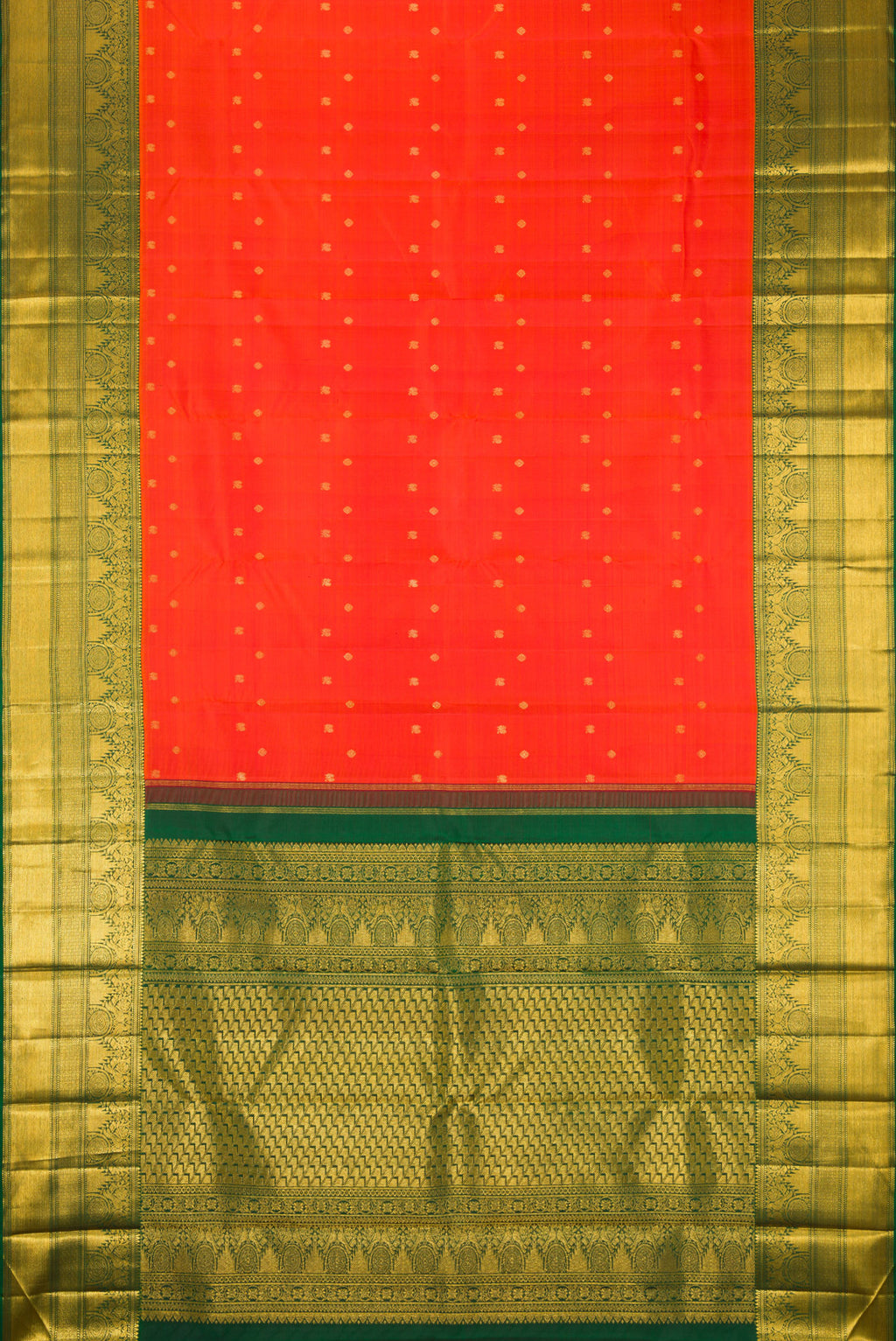 Flat view of Orange Kanchipuram Silk Saree with Zari Butta on the body and Zari Border. 