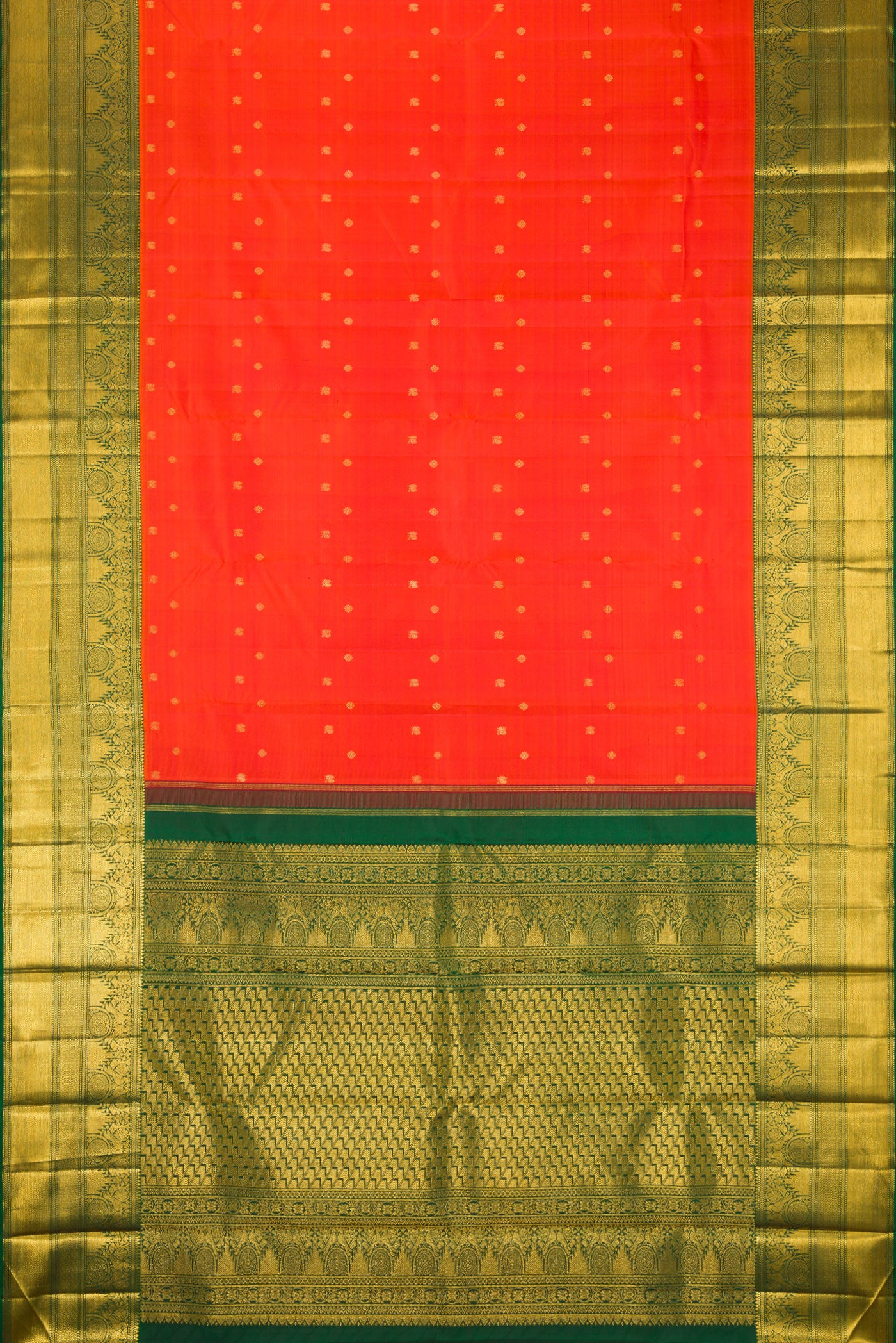 Flat view of Orange Kanchipuram Silk Saree with Zari Butta on the body and Zari Border. 