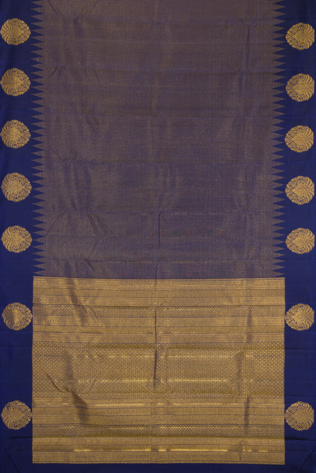 Flat view of Navy Blue Kanjivaram Silk Saree with Stripes on the body and Fancy Border. 
