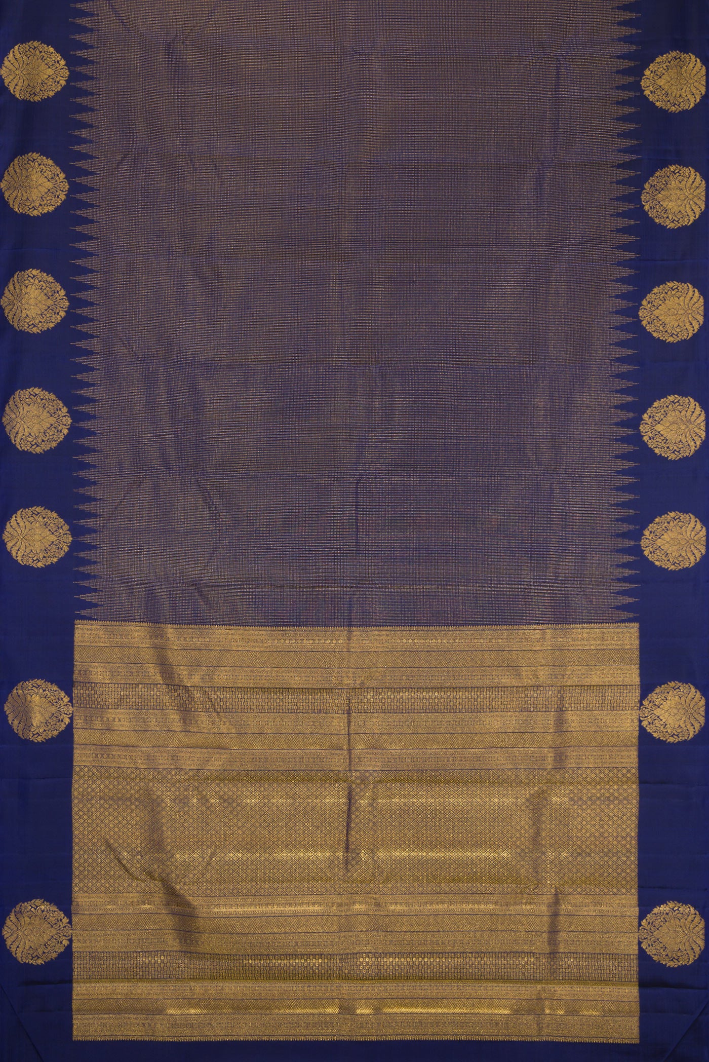 Flat view of Navy Blue Kanjivaram Silk Saree with Stripes on the body and Fancy Border. 